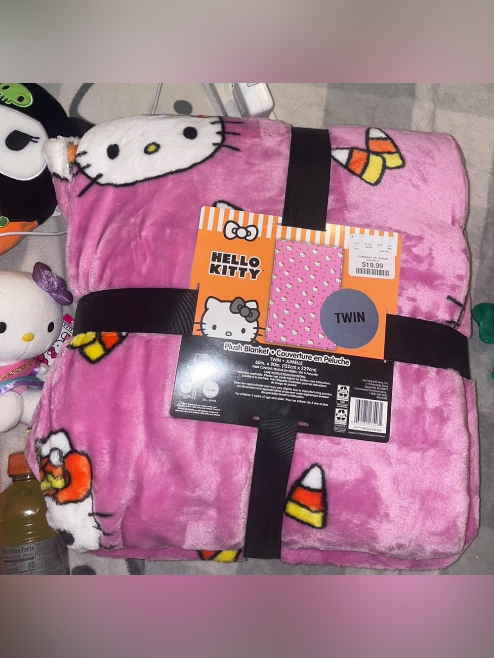 Hello Kitty Pink Plush Twin Blanket with Candy Corn Print